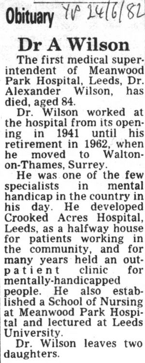 Dr Alexander H Wilson Obituary  24th June 1982