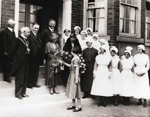 Westwood Hospital – official opening, 28th July 1933 L – R. Cllr J Wilson, Lord Mayor, Cllr H Hudson, Superintendent, Lady Mayoress, Mrs H Hudson, Matron and female staff. 