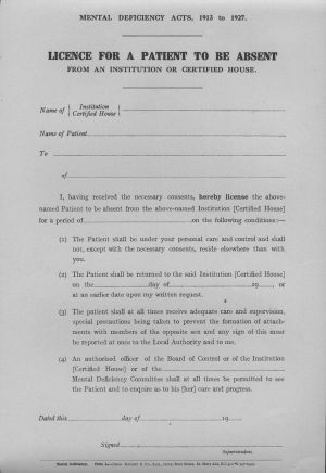 The following form was printed in 1943 and relates to the 1913 and 1927 Mental Deficiency Acts. 